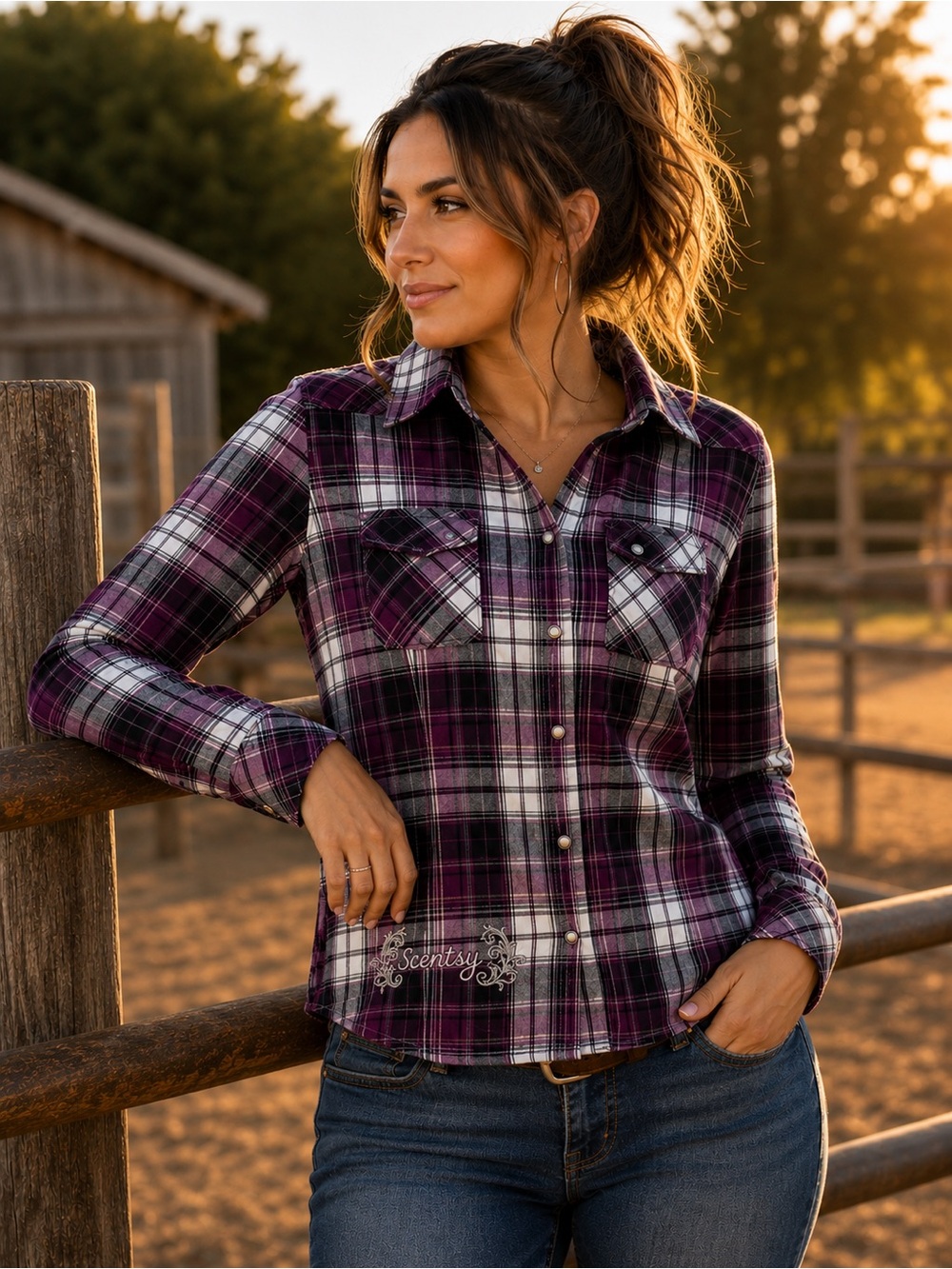 Scentsy Urban Cowgirl Plaid Button Up Shirt Women Medium Purple Western Logo Top